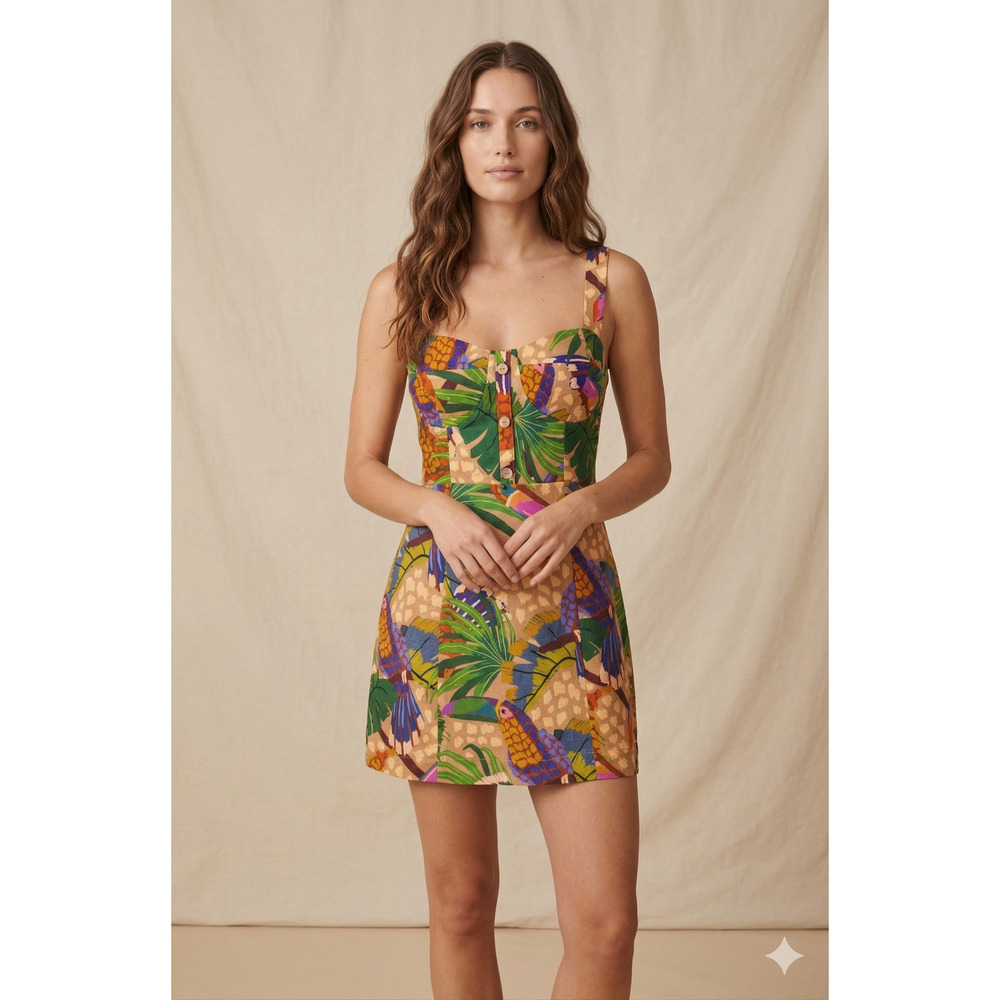 Farm Rio Sand Painted Toucans Linen Mini Dress Sweetheart Floral Bird Print